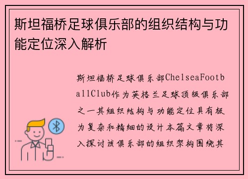 斯坦福桥足球俱乐部的组织结构与功能定位深入解析