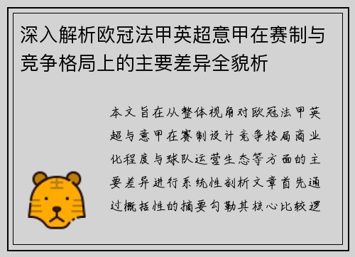深入解析欧冠法甲英超意甲在赛制与竞争格局上的主要差异全貌析
